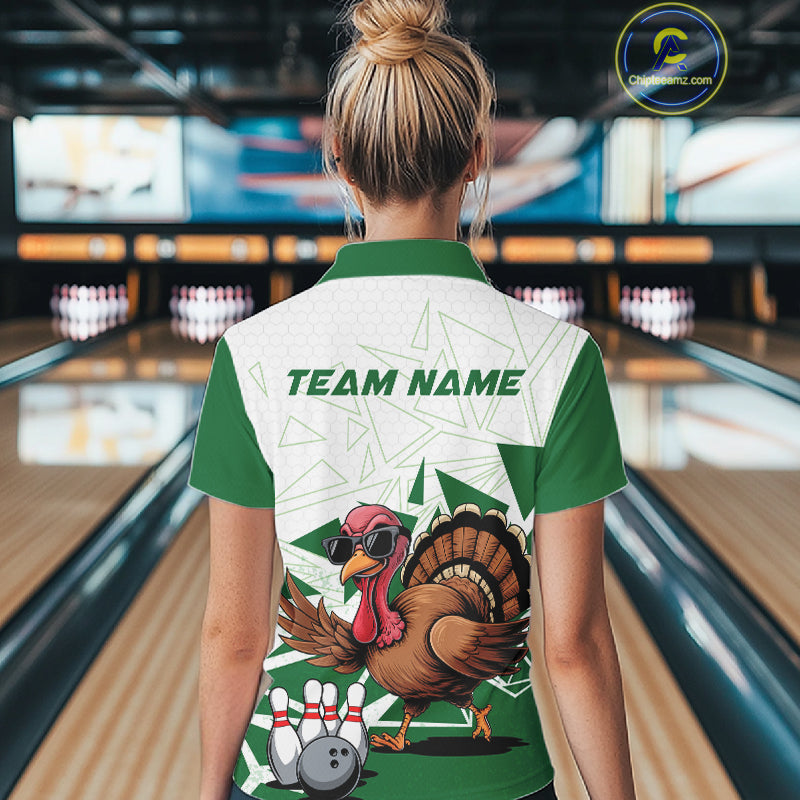White And Green Custom Funny Turkey Bowling Women Shirt, Bowling League Team Shirt IPHW10808