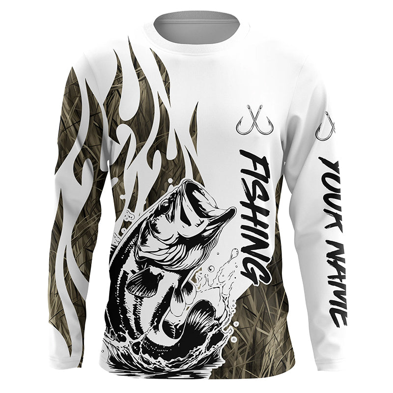 Bass Fishing Camo Tattoo Custom Long Sleeve Fishing Shirts, Bass Tournament Fishing Shirt IPHW6539