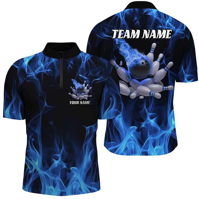 Blue Fire Bowling Ball And Pins Custom Shirts For Men And Women, Flame Bowling Team Jerseys IPHW6700