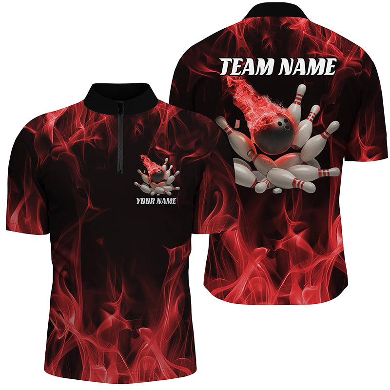 Red Fire Bowling Ball And Pins Custom Shirts For Men And Women, Flame Bowling Team Jerseys IPHW6701