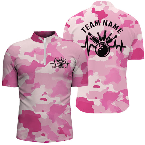 Bowling Heartbeat Pulse Line Blue Pink Camo Custom Bowling Team Shirts For Men And Women IPHW6704