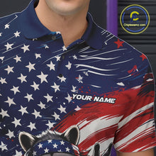 Load image into Gallery viewer, Close-up of the left chest on a bowling polo shirt featuring a patriotic raccoon, a red, white, and blue bowling ball striking pins, and a flowing American flag design.