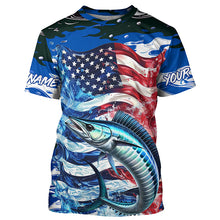 Load image into Gallery viewer, Wahoo Fishing Custom Long Sleeve Performance Shirts, American Flag Patriotic Wahoo Fishing Shirt IPHW7022