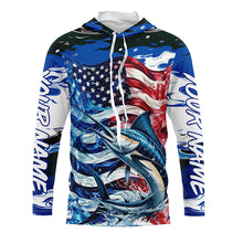 Load image into Gallery viewer, Marlin Fishing Custom Long Sleeve Fishing Shirts, American Flag Patriotic Marlin Fishing Shirt IPHW7024