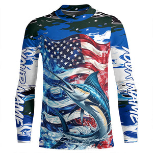 Marlin Fishing Custom Long Sleeve Fishing Shirts, American Flag Patriotic Marlin Fishing Shirt IPHW7024