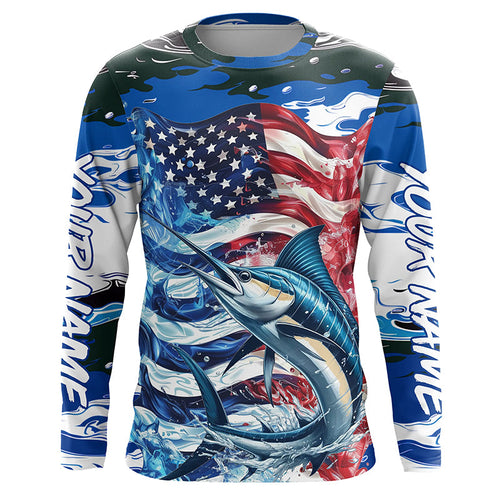 Marlin Fishing Custom Long Sleeve Fishing Shirts, American Flag Patriotic Marlin Fishing Shirt IPHW7024