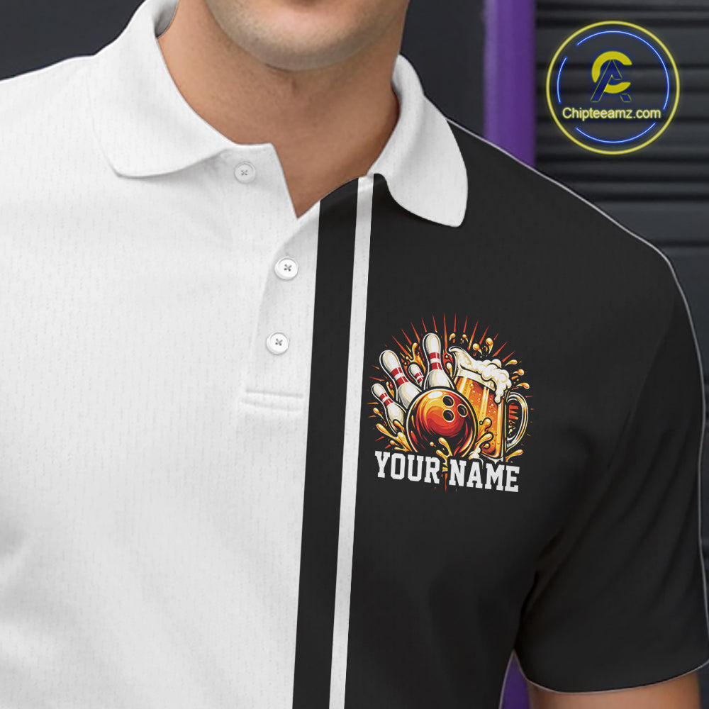 Black And White Custom Classic Retro Bowling Beer Men Polo, Bowling Tournament Shirt IPHW12789