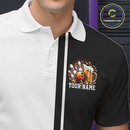 Black And White Custom Classic Retro Bowling Beer Men Polo, Bowling Tournament Shirt IPHW12789
