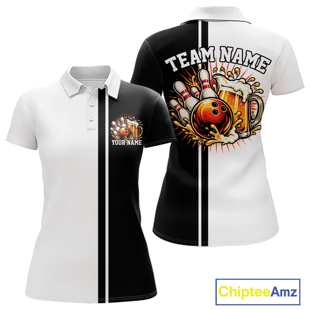 Black And White Custom Classic Retro Bowling Beer Women Polo, Bowling Tournament Shirt IPHW12789