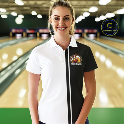 Black And White Custom Classic Retro Bowling Beer Women Polo, Bowling Tournament Shirt IPHW12789