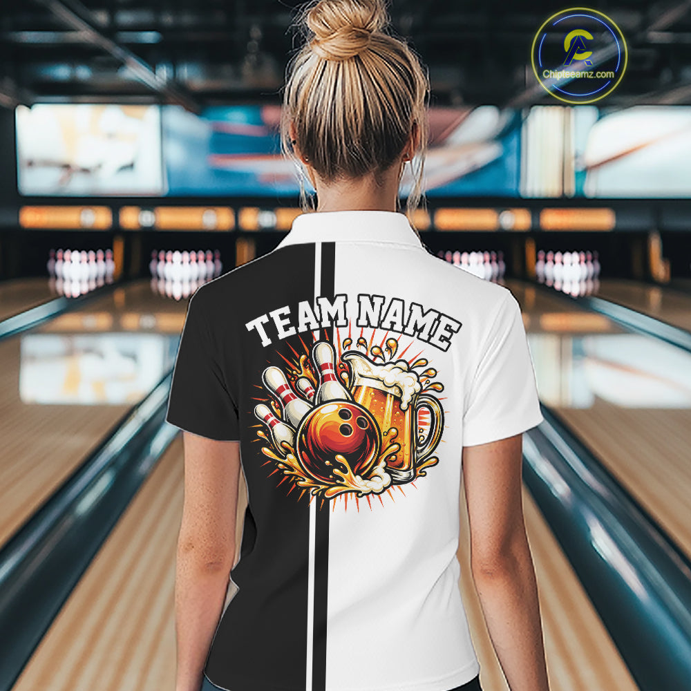 Black And White Custom Classic Retro Bowling Beer Women Polo, Bowling Tournament Shirt IPHW12789