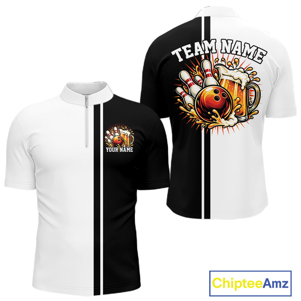 Black And White Custom Classic Retro Bowling Beer Men Quarter Zip, Bowling Tournament Shirt IPHW12789