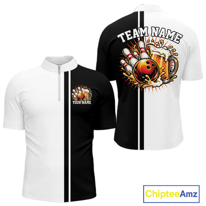 Black And White Custom Classic Retro Bowling Beer Men Quarter Zip, Bowling Tournament Shirt IPHW12789