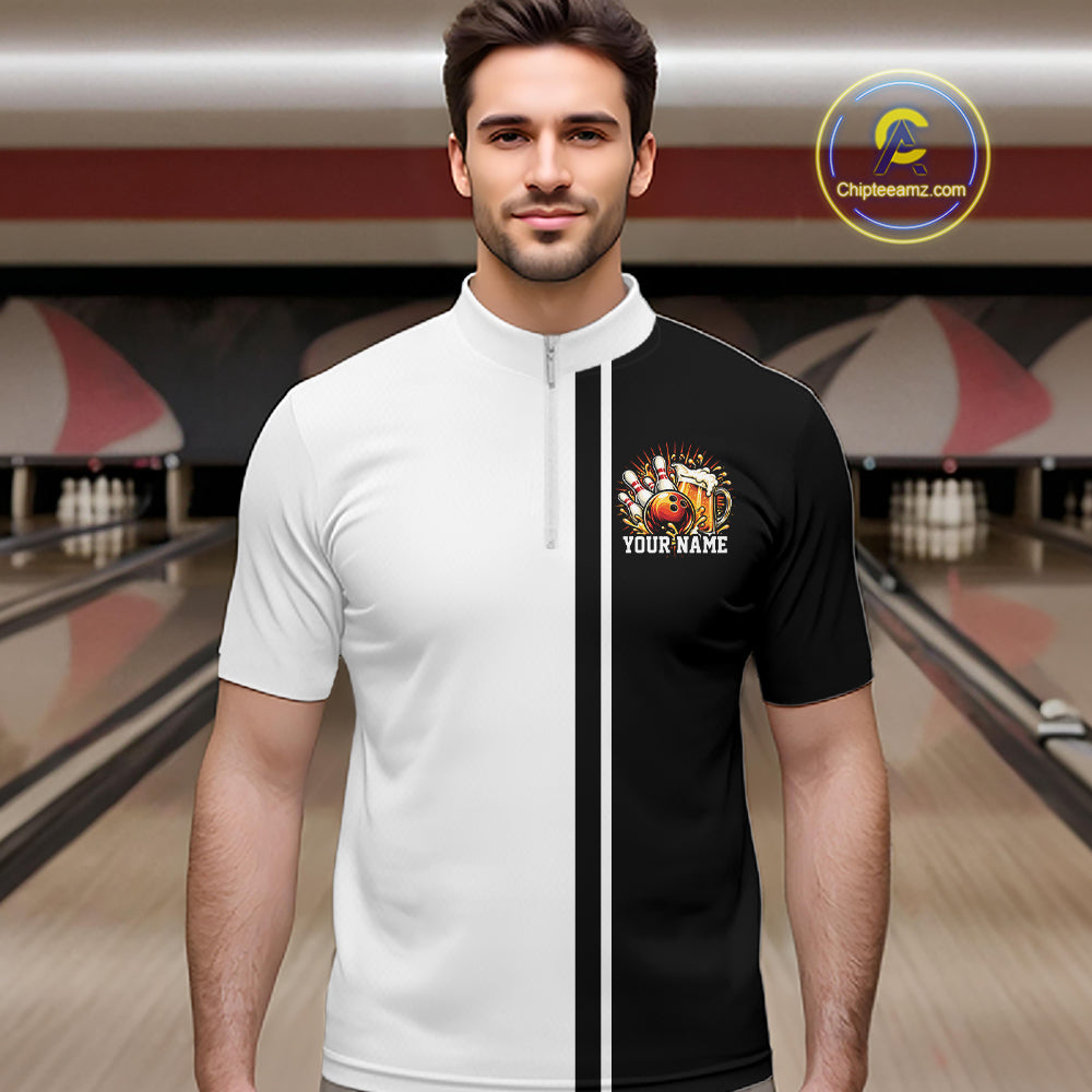 Black And White Custom Classic Retro Bowling Beer Men Quarter Zip, Bowling Tournament Shirt IPHW12789