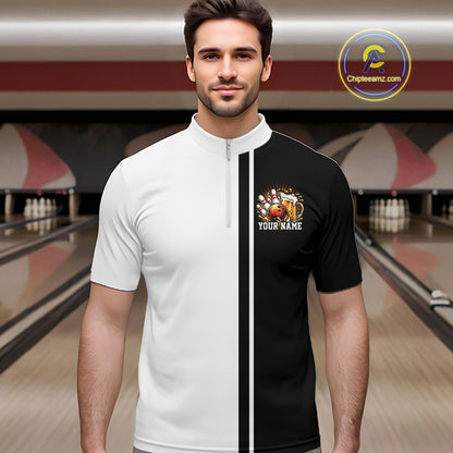 Black And White Custom Classic Retro Bowling Beer Men Quarter Zip, Bowling Tournament Shirt IPHW12789