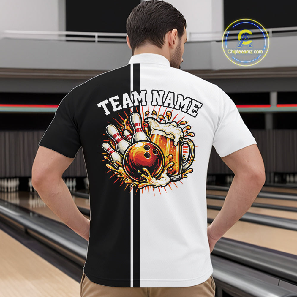 Black And White Custom Classic Retro Bowling Beer Men Quarter Zip, Bowling Tournament Shirt IPHW12789