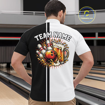 Black And White Custom Classic Retro Bowling Beer Men Quarter Zip, Bowling Tournament Shirt IPHW12789