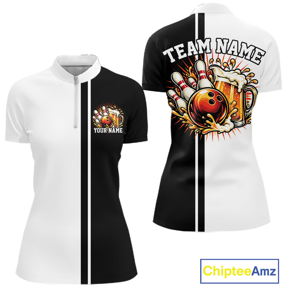 Black And White Custom Classic Retro Bowling Beer Women Quarter-Zip Tournament Shirt IPHW12789