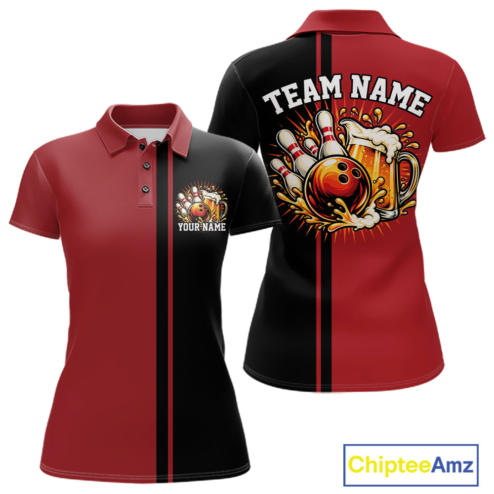 Black And Red Custom Classic Retro Bowling Beer Women Polo, Bowling Tournament Shirt IPHW12790