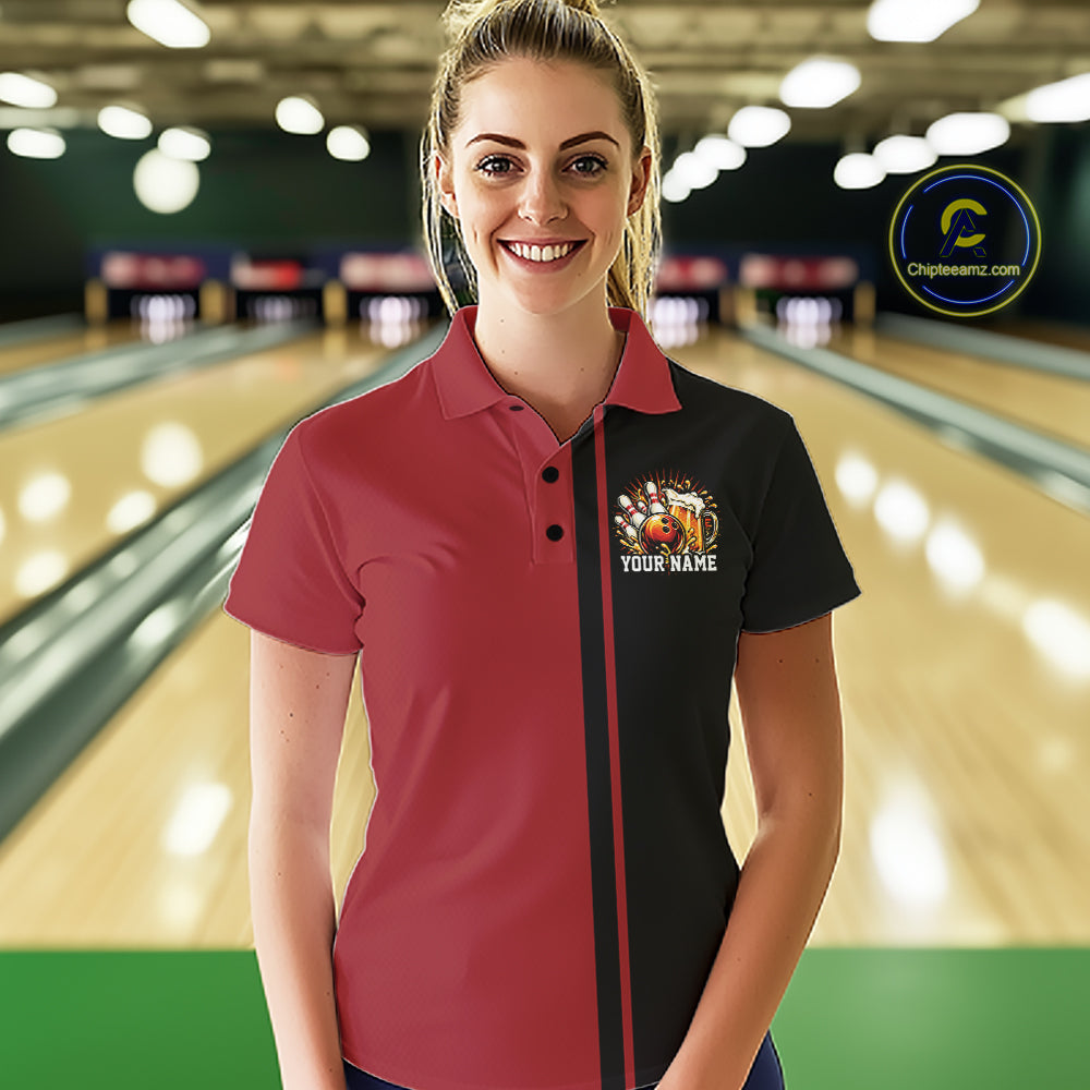 Black And Red Custom Classic Retro Bowling Beer Women Polo, Bowling Tournament Shirt IPHW12790