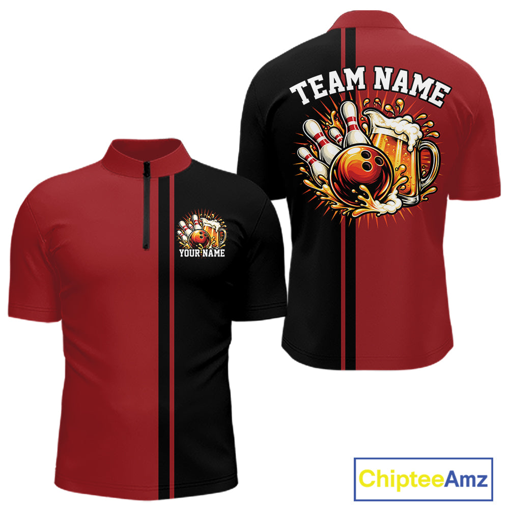 Black And Red Custom Classic Retro Bowling Beer Men Quarter Zip, Bowling Tournament Shirt IPHW12790