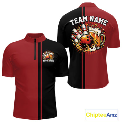 Black And Red Custom Classic Retro Bowling Beer Men Quarter Zip, Bowling Tournament Shirt IPHW12790
