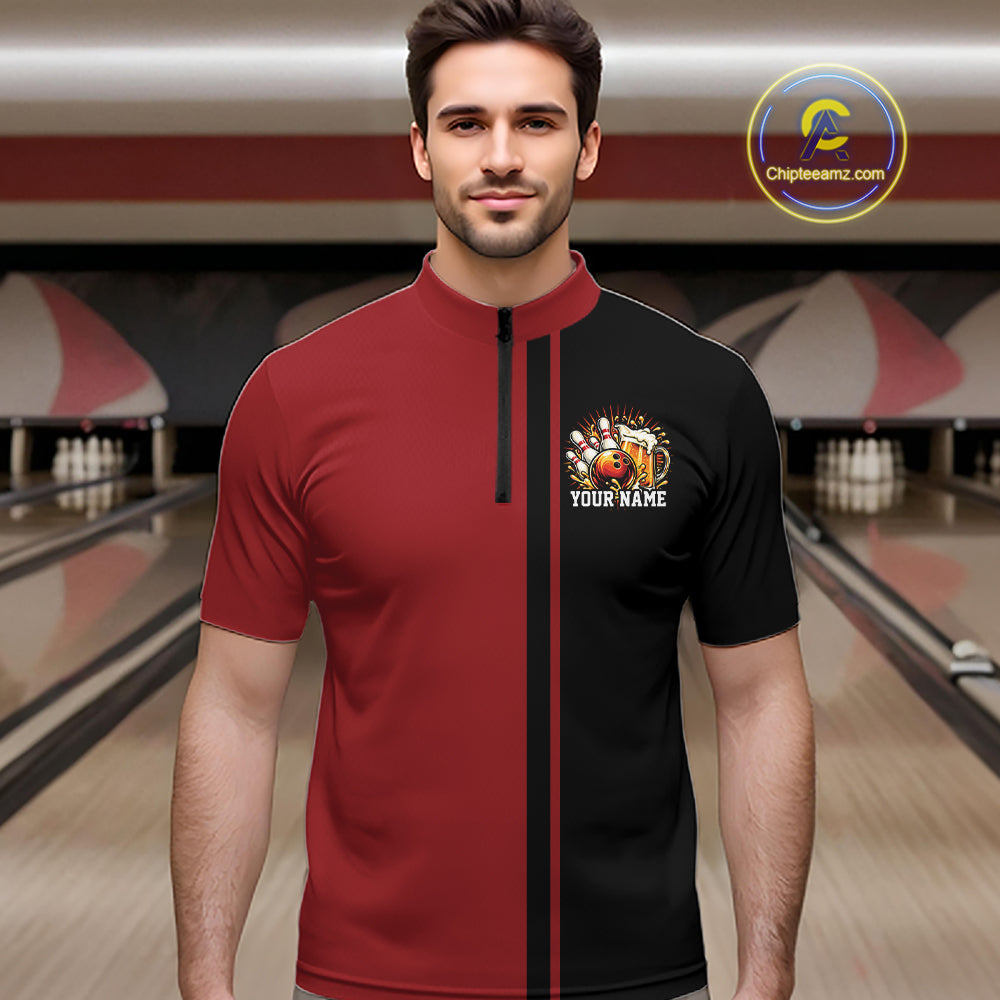 Black And Red Custom Classic Retro Bowling Beer Men Quarter Zip, Bowling Tournament Shirt IPHW12790