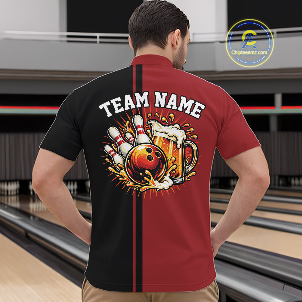 Black And Red Custom Classic Retro Bowling Beer Men Quarter Zip, Bowling Tournament Shirt IPHW12790