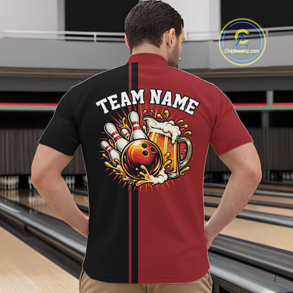 Black And Red Custom Classic Retro Bowling Beer Men Quarter Zip, Bowling Tournament Shirt IPHW12790
