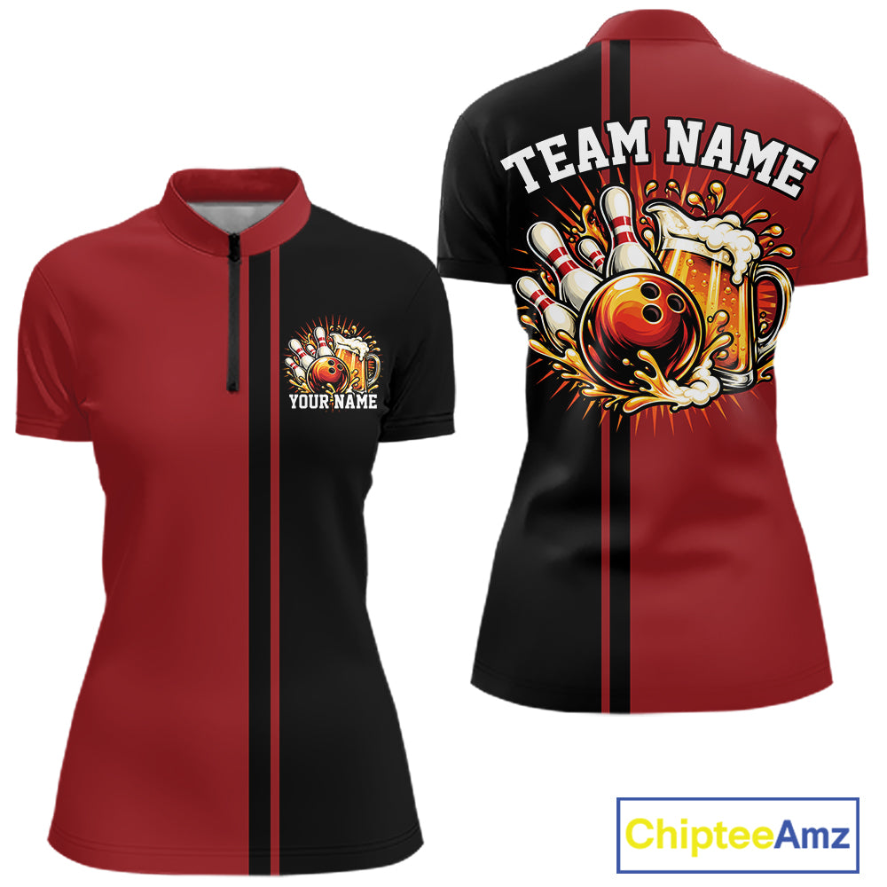 Black And Red Custom Classic Retro Bowling Beer Women Quarter-Zip Tournament Shirt IPHW12790
