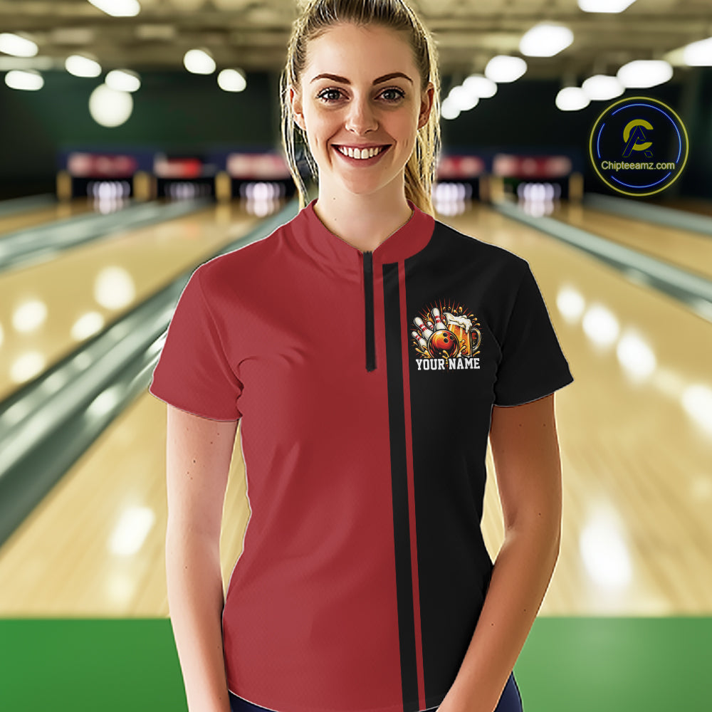 Black And Red Custom Classic Retro Bowling Beer Women Quarter-Zip Tournament Shirt IPHW12790