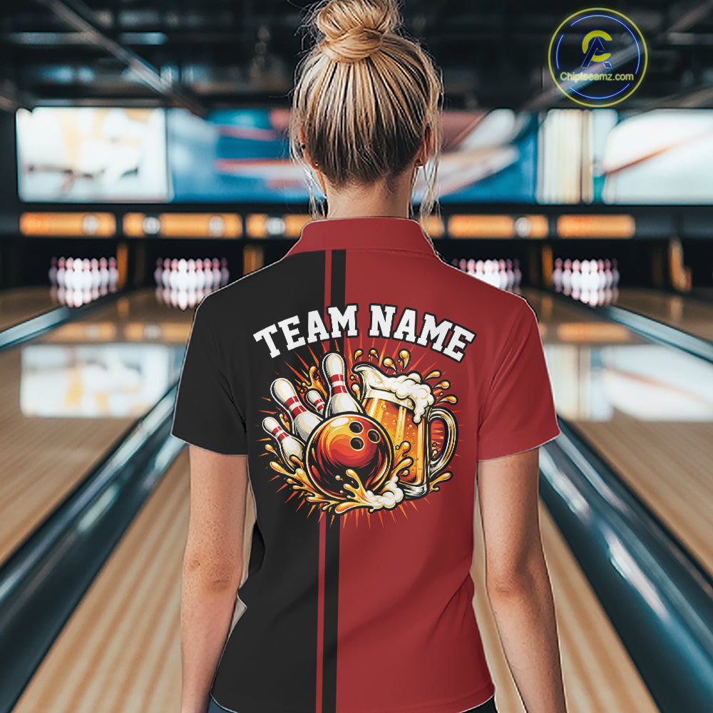 Black And Red Custom Classic Retro Bowling Beer Women Quarter-Zip Tournament Shirt IPHW12790