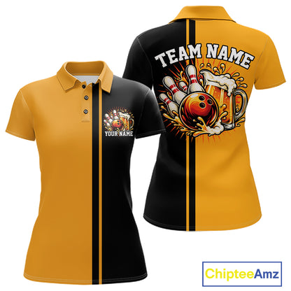 Black And Gold Custom Classic Retro Bowling Beer Women Polo, Bowling Tournament Shirt IPHW12791
