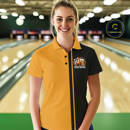 Black And Gold Custom Classic Retro Bowling Beer Women Polo, Bowling Tournament Shirt IPHW12791