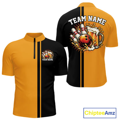 Black And Gold Custom Classic Retro Bowling Beer Men Quarter Zip, Bowling Tournament Shirt IPHW12791