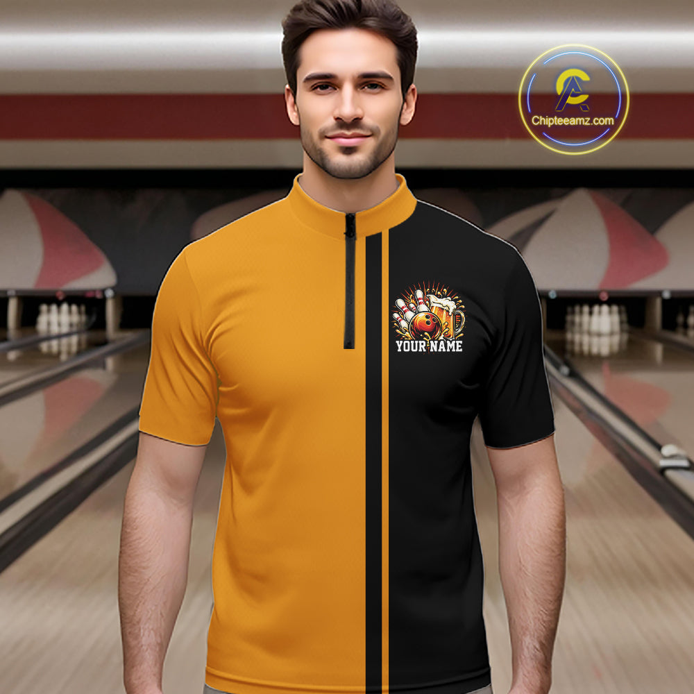 Black And Gold Custom Classic Retro Bowling Beer Men Quarter Zip, Bowling Tournament Shirt IPHW12791