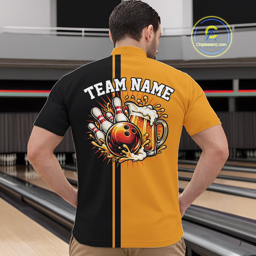 Black And Gold Custom Classic Retro Bowling Beer Men Quarter Zip, Bowling Tournament Shirt IPHW12791