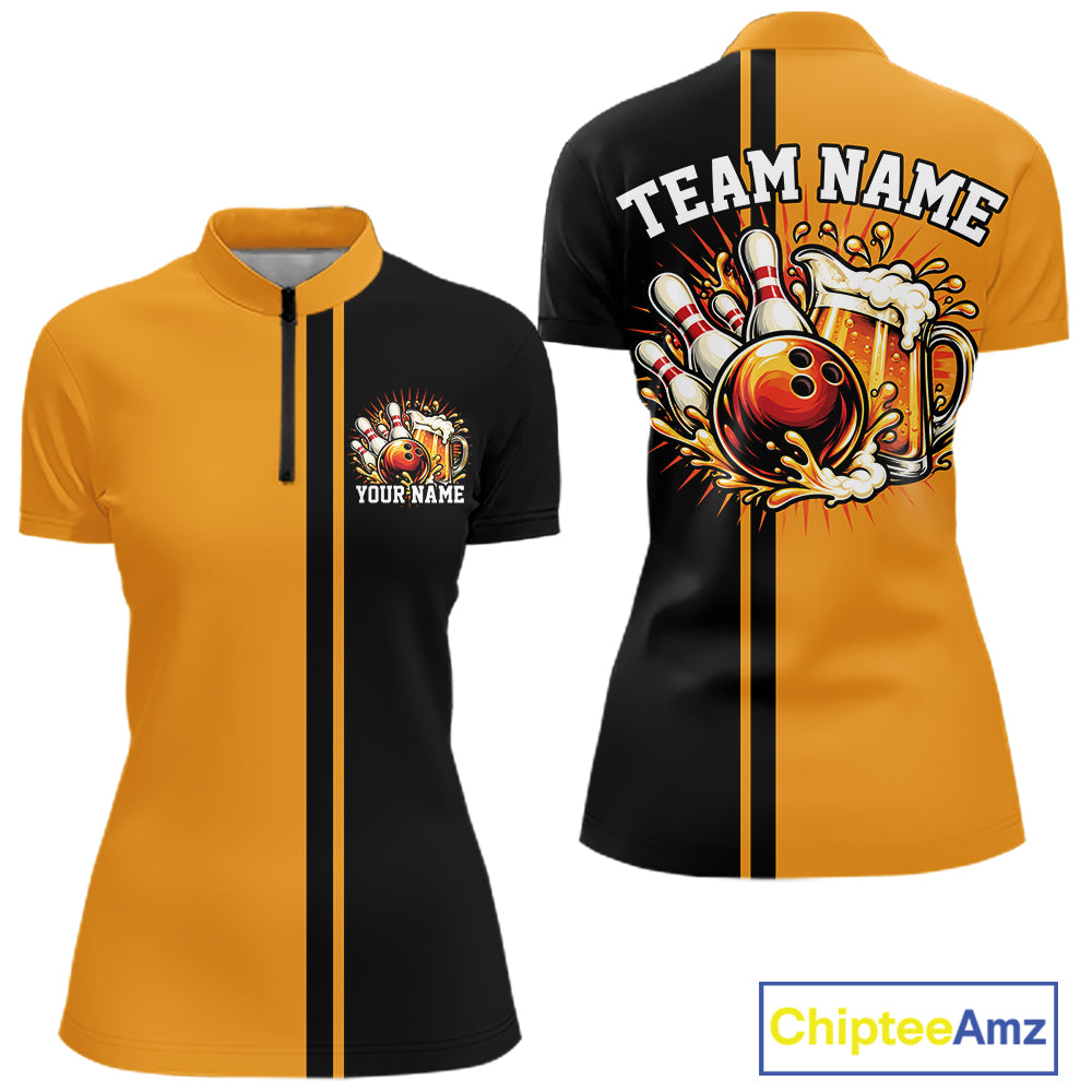 Black And Gold Custom Classic Retro Bowling Beer Women Quarter-Zip Tournament Shirt IPHW12791