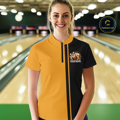 Black And Gold Custom Classic Retro Bowling Beer Women Quarter-Zip Tournament Shirt IPHW12791