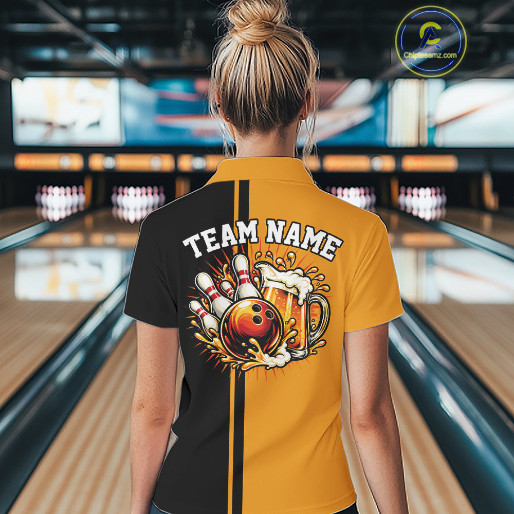 Black And Gold Custom Classic Retro Bowling Beer Women Quarter-Zip Tournament Shirt IPHW12791