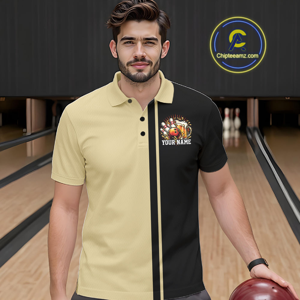 Black And Beige Custom Classic Retro Bowling Beer Men Polo, Bowling Tournament Shirt IPHW12792