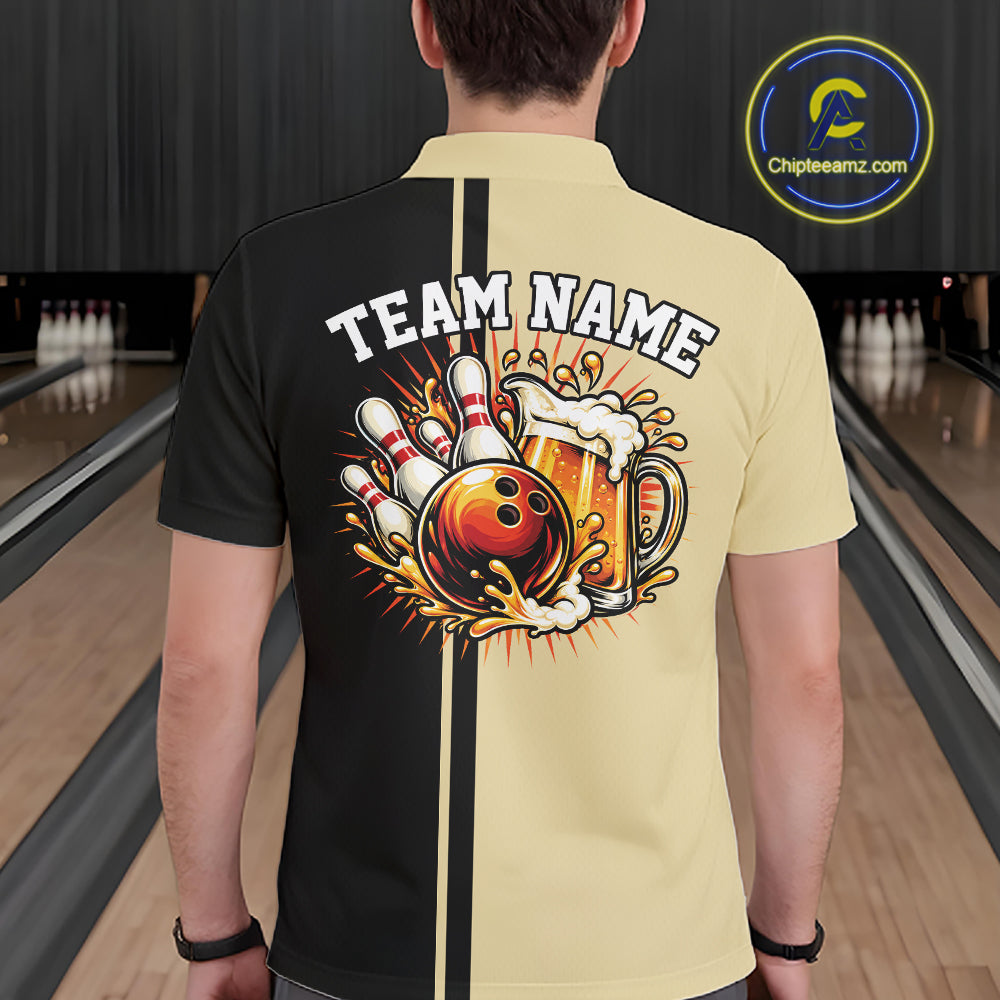 Black And Beige Custom Classic Retro Bowling Beer Men Polo, Bowling Tournament Shirt IPHW12792