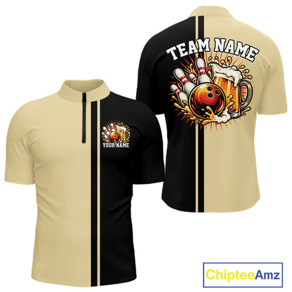 Black And Beige Custom Classic Retro Bowling Beer Men Quarter Zip, Bowling Tournament Shirt IPHW12792