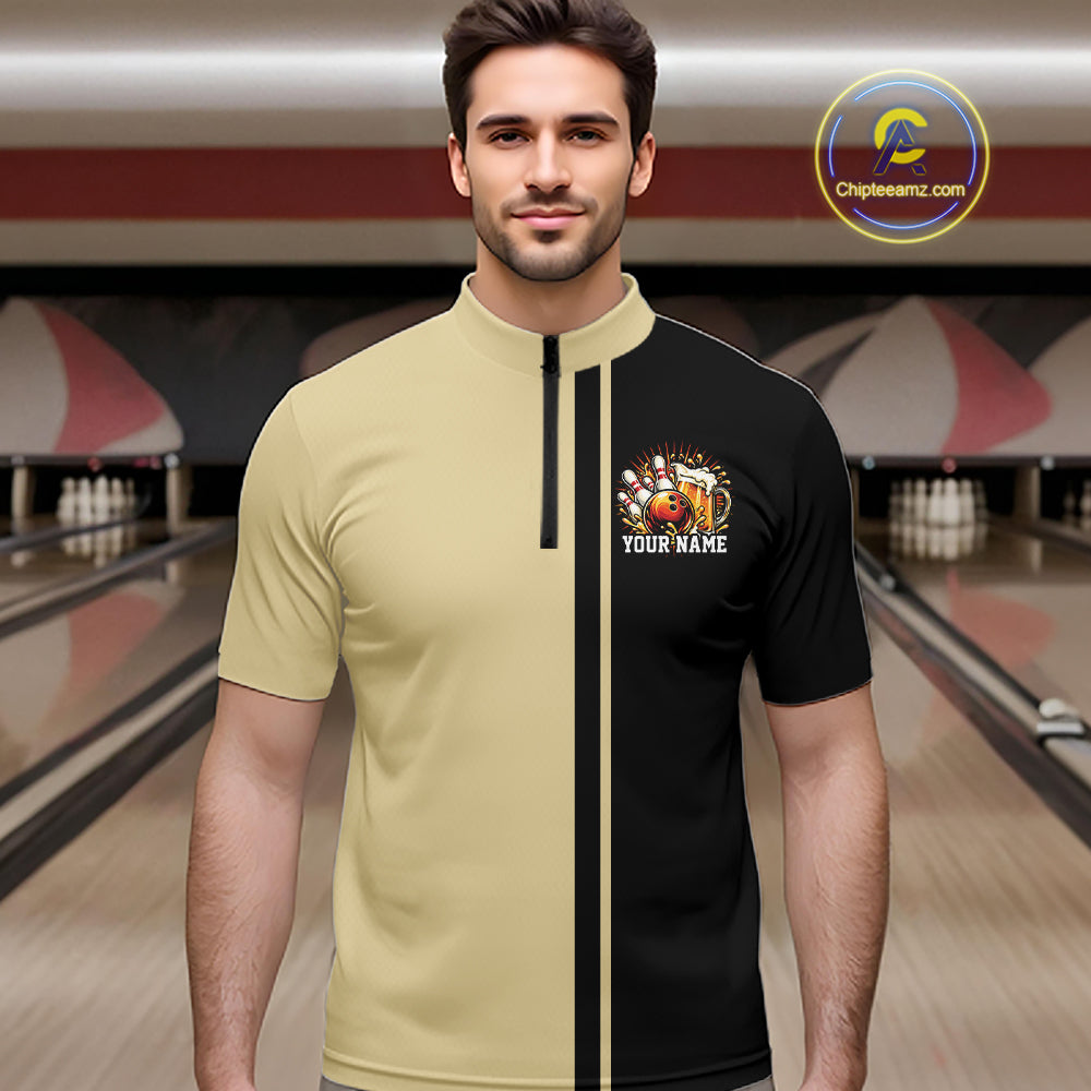 Black And Beige Custom Classic Retro Bowling Beer Men Quarter Zip, Bowling Tournament Shirt IPHW12792