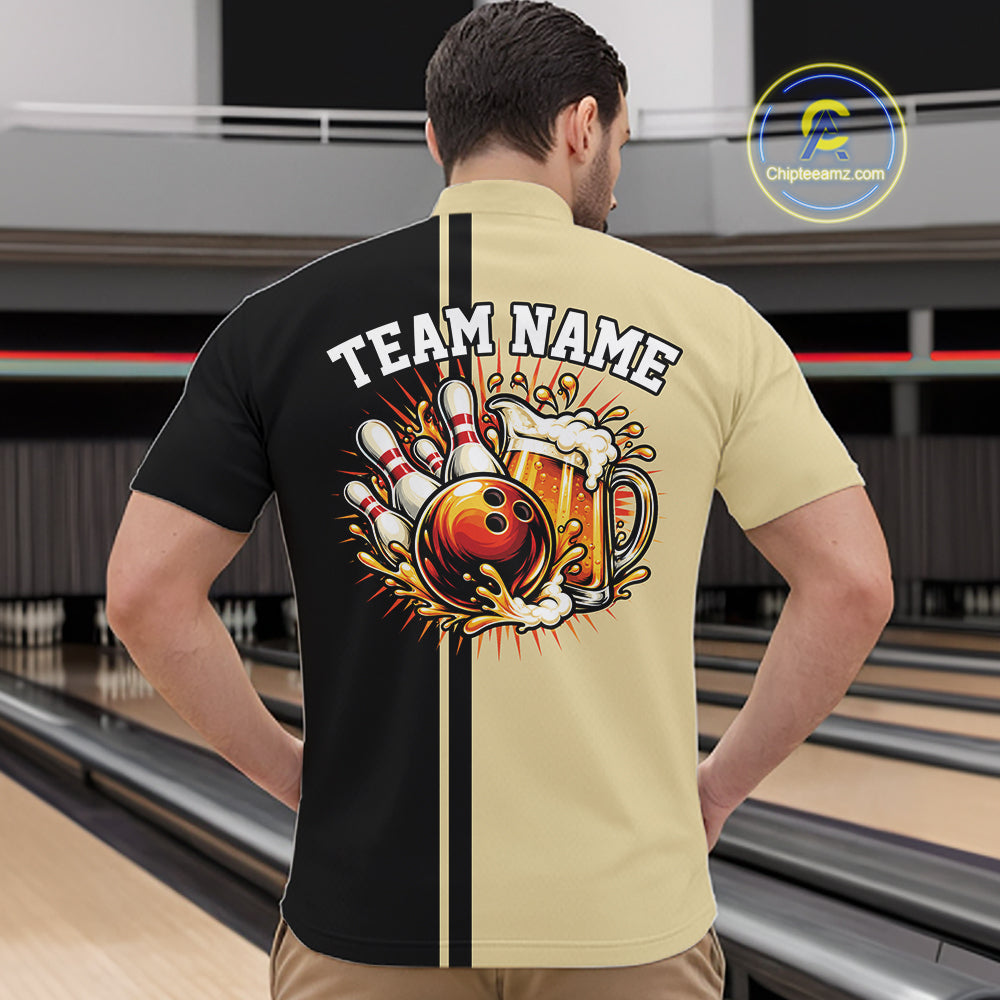 Black And Beige Custom Classic Retro Bowling Beer Men Quarter Zip, Bowling Tournament Shirt IPHW12792