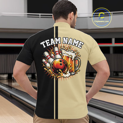 Black And Beige Custom Classic Retro Bowling Beer Men Quarter Zip, Bowling Tournament Shirt IPHW12792