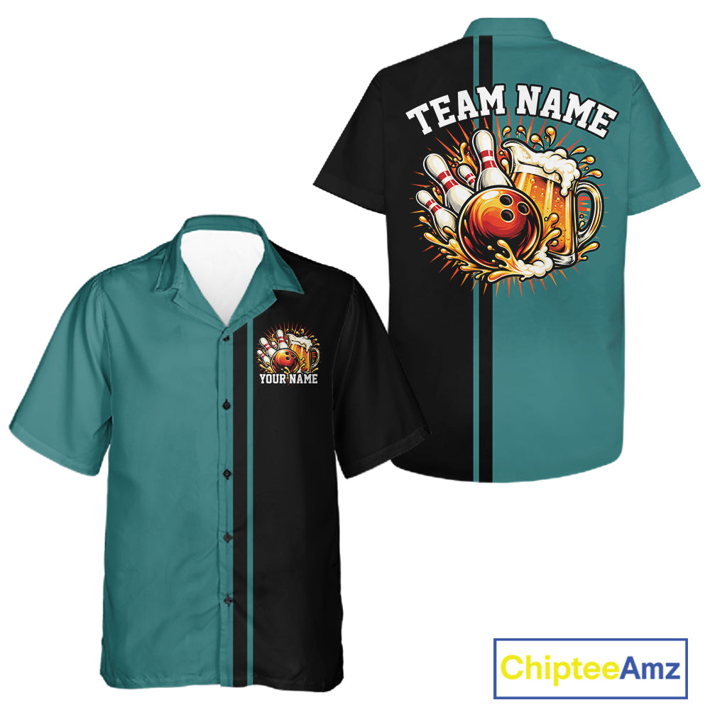 Black And Teal Custom Classic Retro Bowling Beer Men And Women Button Up, Bowling Tournament Shirt IPHW12793