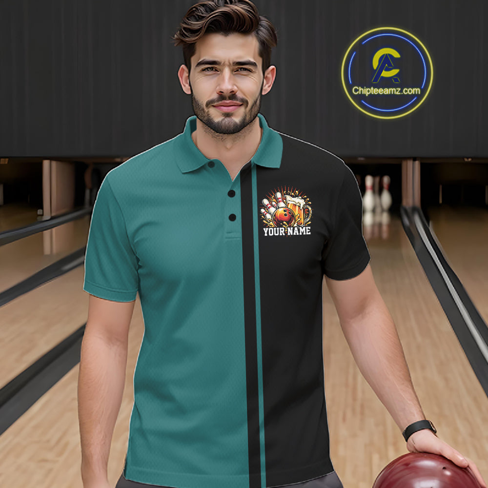 Black And Teal Custom Classic Retro Bowling Beer Men Polo, Bowling Tournament Shirt IPHW12793