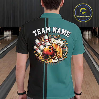 Black And Teal Custom Classic Retro Bowling Beer Men Polo, Bowling Tournament Shirt IPHW12793
