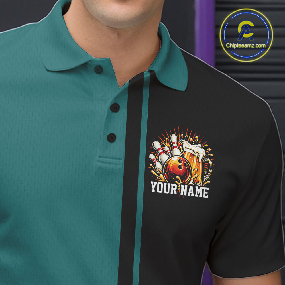Black And Teal Custom Classic Retro Bowling Beer Men Polo, Bowling Tournament Shirt IPHW12793